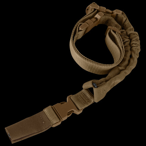 The Condor Cobra 1-Point Bungee Sling in tan features quick-release buckles and reinforced webbing, making it ideal for law enforcement or EDC. Laid out on a plain background.